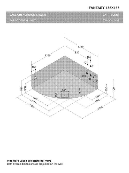 VASCA ANGOLO 135X135 FANTASY SOLO GUSCIO DA INCASSO O MURARE