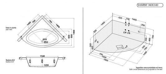 VASCA ANGOLO 140X140 SHARM SOLO GUSCIO DA INCASSO O MURARE