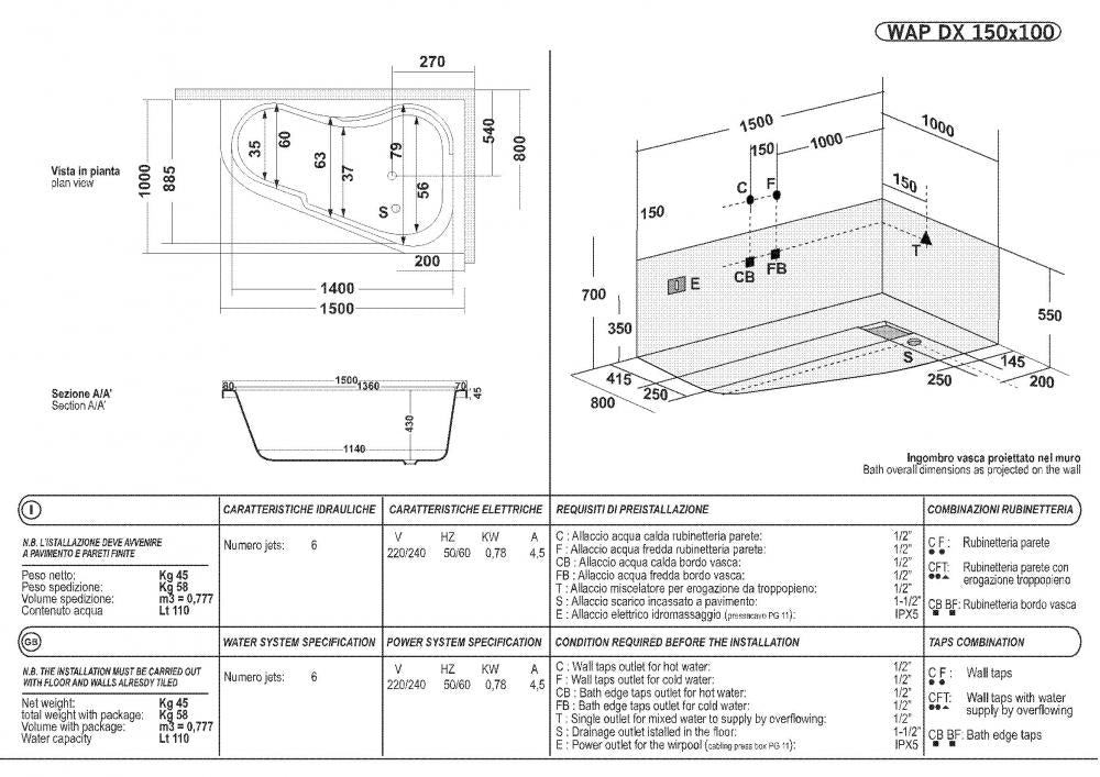 VASCA ANGOLO 150X100 WAP TELAIO PANNELLO IDROMASSAGGIO WHIRLPOOL AIRPOOL DISINFEZIONE CROMOTERAPIA