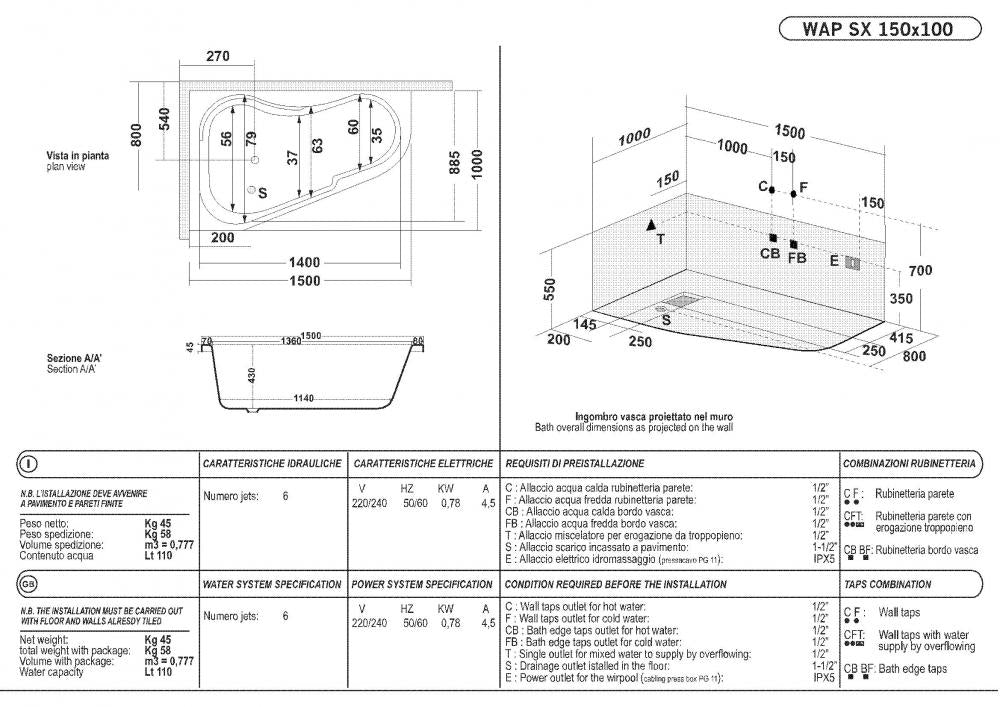 VASCA ANGOLO 150X100 WAP TELAIO PANNELLO IDROMASSAGGIO WHIRLPOOL CROMOTERAPIA