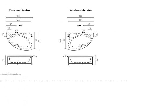 VASCA ANGOLO ASIMMETRICA 150X100 MIXER BIANCA DA INCASSO O MURARE