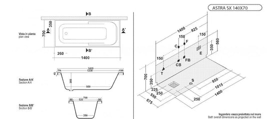 VASCA ASTRA 140X70 CON TELAIO PANNELLO FRONTALE E LATERALE SENZA IDROMASSAGGIO