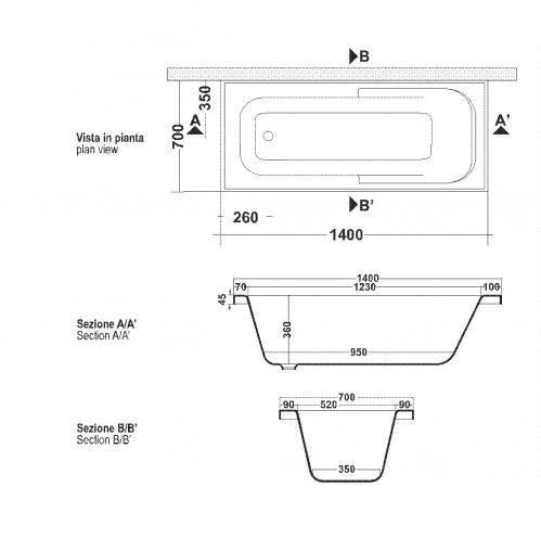 VASCA ASTRA 140X70 RETTANGOLARE SOLO GUSCIO DA INCASSO O MURARE