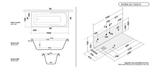 VASCA ASTRA 150X70 CON TELAIO PANNELLO FRONTALE E LATERALE SENZA IDROMASSAGGIO