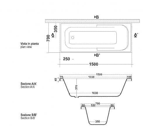 VASCA ASTRA 150X70 RETTANGOLARE SOLO GUSCIO DA INCASSO O MURARE
