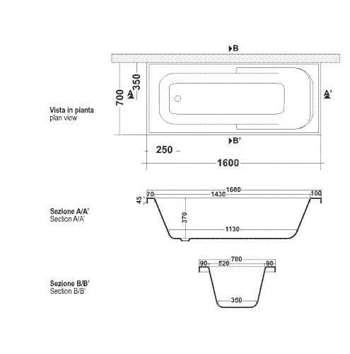VASCA ASTRA 160X70 RETTANGOLARE SOLO GUSCIO DA INCASSO O MURARE