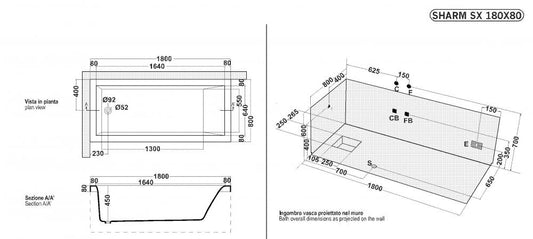 VASCA GUSCIO RETTANGOLARE SHARM CM.170X70 BIANCA DA INCASSO O MURARE