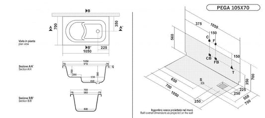 VASCA PEGA 105X70 A SEDILE CON TELAIO PANNELLO FRONTALE E LATERALE