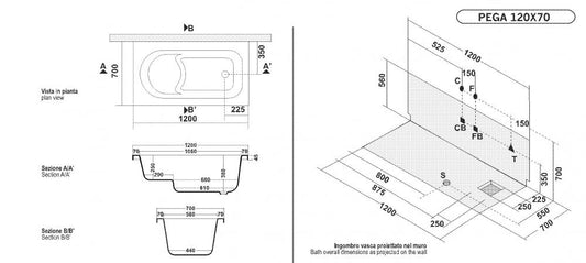 VASCA PEGA 120X70 A SEDILE CON TELAIO PANNELLO FRONTALE E LATERALE