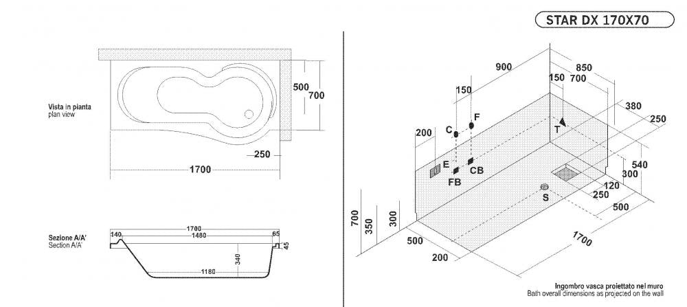 VASCA RETTANGOLARE 170X70/85 STAR CON TELAIO E PANNELLI NON IDROMASSAGGIO