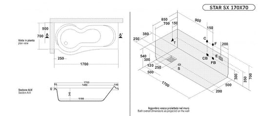 VASCA RETTANGOLARE 170X70/85 STAR CON TELAIO E PANNELLI NON IDROMASSAGGIO