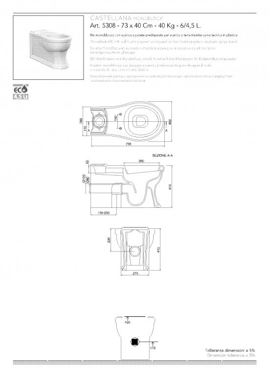 SANITARI A TERRA FILO MURO CLASSICI CASTELLANA WC MONOBLOCCO+SEDILE WOOD+BIDET