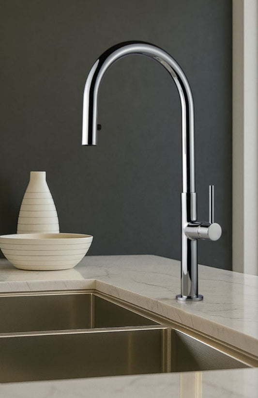 MISCELATORE LAVELLO CUCINA INOX 304 ALTO DOCCETTA ESTRAIBILE CROMATO MADE IN ITALY