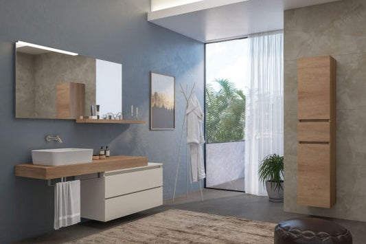 ARREDO BAGNO URBAN UC13 CM 170 CON COLONNA E PENSILI A GIORNO FINITURA ROVERE NODATO E LACCATO BIANCO OPACO