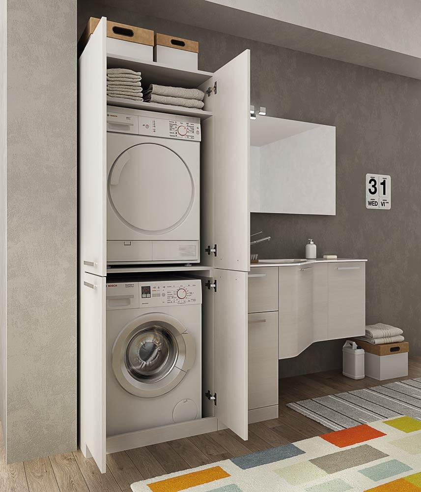 ARREDO BAGNO MOBILE CON PORTA LAVATRICE ASCIUGATRICE UL09 cm 206 TRANCHE ROVERE BIANCO