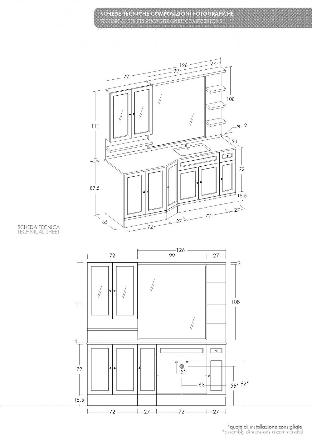 ARREDO BAGNO MOBILE CON PORTALAVATRICE R217 cm.198 COUNTRY CHIC FINITURA A SCELTA