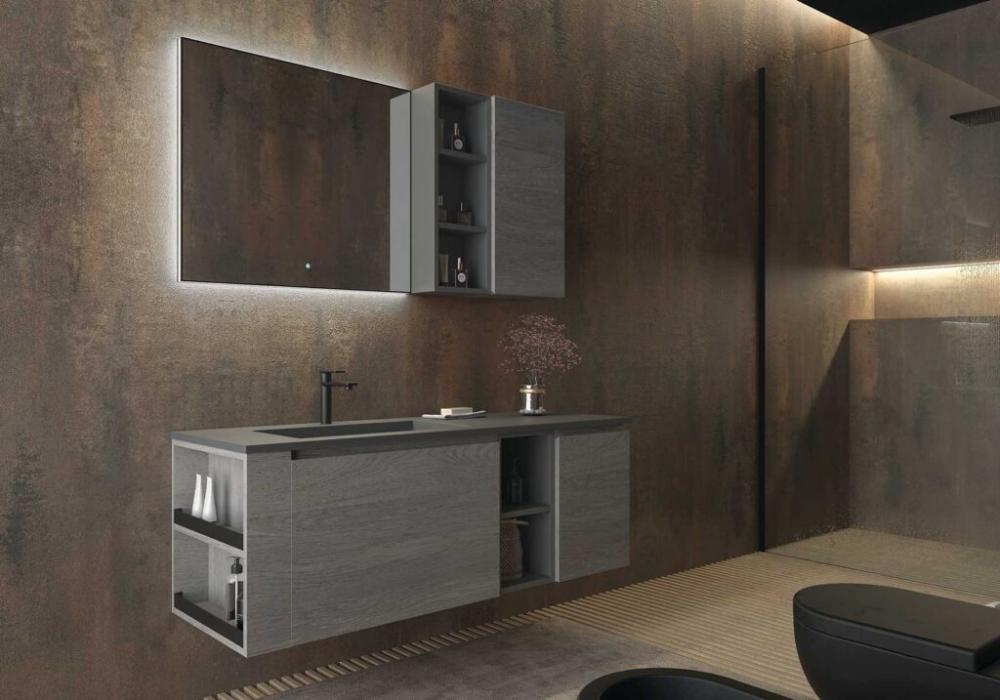 ARREDO BAGNO MOBILE FREEDOM FL19 cm 142 FINITURA ROVERE GESSATO GRIGIO E GRIGIO BROMO OPACO