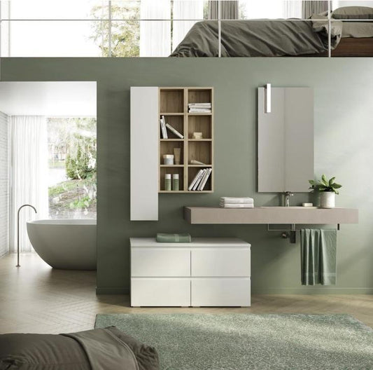 ARREDO BAGNO MOBILE FREEDOM FL29 cm 140+50 ROVERE SABBIA BIANCO LACCATO LUCIDO