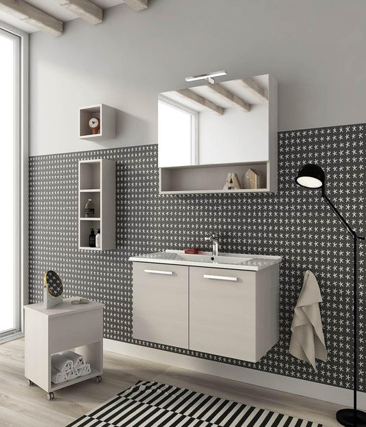 ARREDO BAGNO MOBILE HARLEM H13 cm 85+40 SGABELLO CONTENTORE TRANCHE ROVERE BIANCO