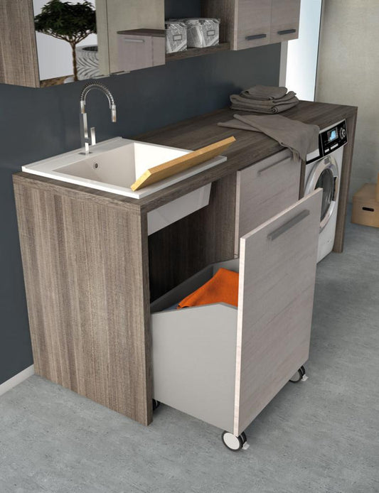 ARREDO BAGNO MOBILE LAVANDERIA UL06 CON PORTA PORTALAVATRICE cm.200 TRANCHE' ROVERE BIANCO - SCURO