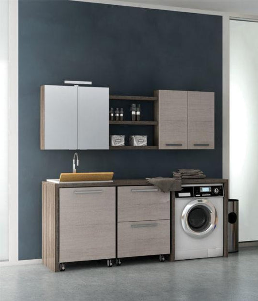 ARREDO BAGNO MOBILE LAVANDERIA UL06 CON PORTA PORTALAVATRICE cm.200 TRANCHE' ROVERE BIANCO - SCURO