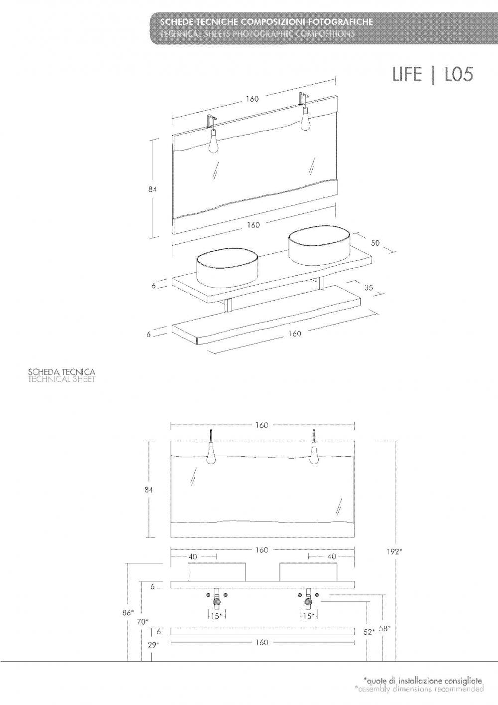 ARREDO BAGNO MOBILE LIFE 05 DOPPIO LAVABO CASTAGNO NAT.LEVIGATO CM 160 MASSELLO