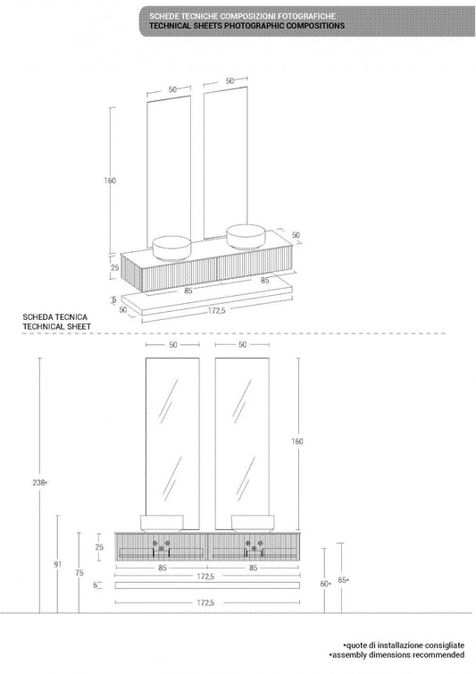 ARREDO BAGNO MOBILE RI-TRATTO RT13 cm 173 FINITURA ROVERE BISCOTTO CANNETTATO DOPPIO LAVABO APPOGGIO