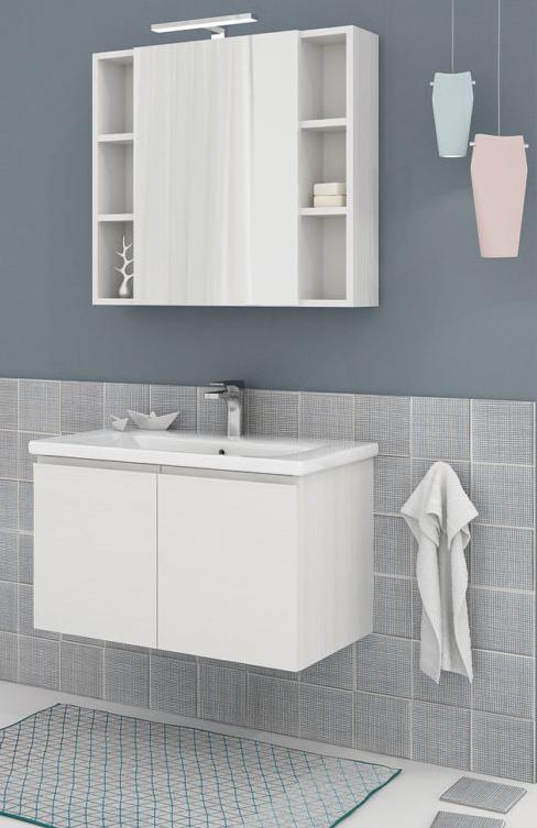 ARREDO BAGNO MOBILE SOFT 02 cm 80 SPECCHIO CONTENITORE FINITURA BIANCO LARIX