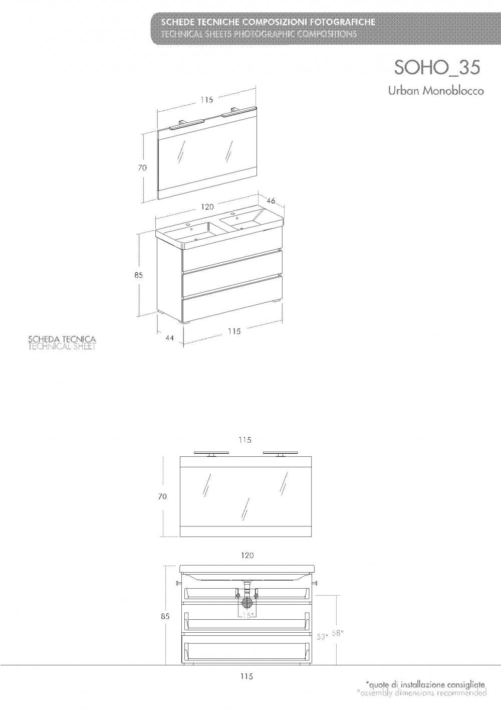 ARREDO BAGNO MOBILE SOHO S35 DOPPIO LAVABO cm.120 ROVERE NODATO - CEMENTO