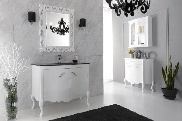 ARREDO BAGNO NARCISO 01 cm.109 BIANCO LUCIDO E CONSOLLE CRISTALLO NERO