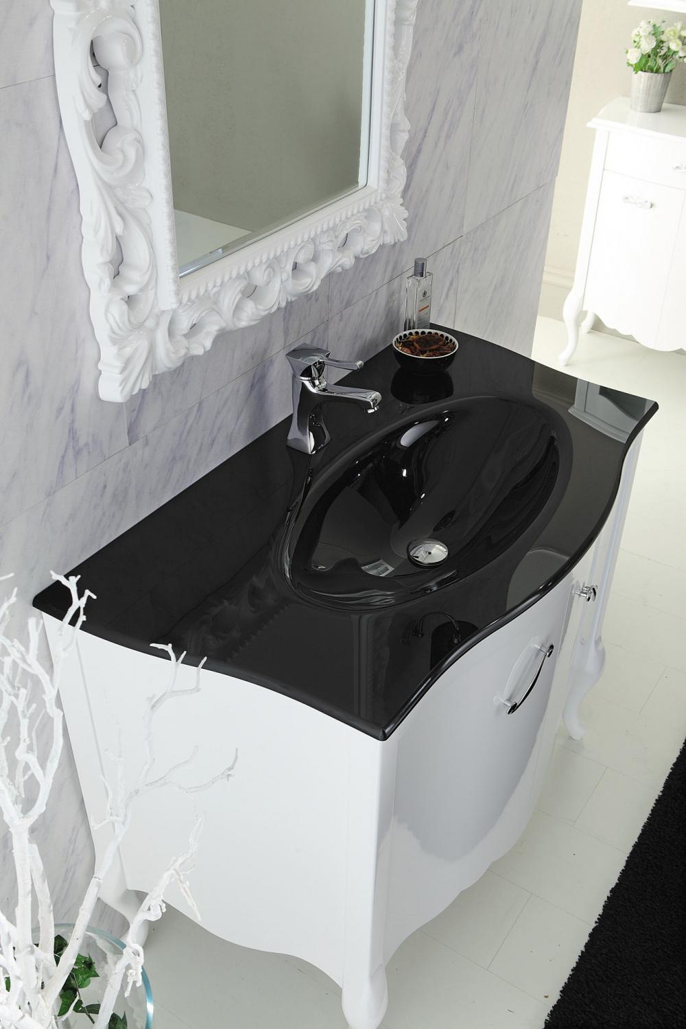 ARREDO BAGNO NARCISO 01 cm.109 BIANCO LUCIDO E CONSOLLE CRISTALLO NERO