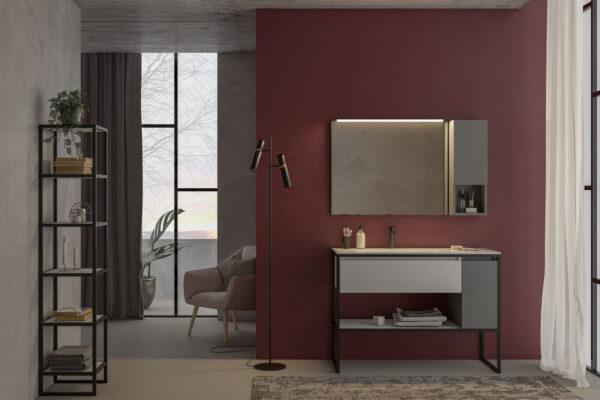 ARREDO BAGNO URBAN US02 CM 115 FINITURA ROVERE TRANCHE' BIANCO E GRIGIO FUMO