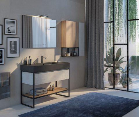ARREDO BAGNO URBAN US05 CM 105 + 75 FINITURA ROVERE NODATO E CEMENTO
