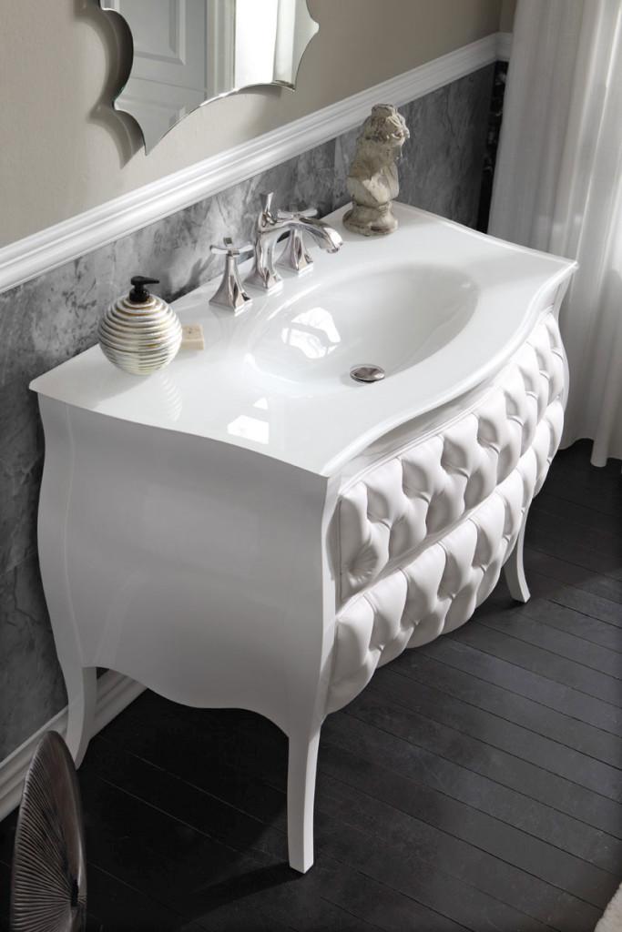 ARREDO BAGNO VANITY CAPITONNE' PELLE cm.109 BIANCO LUCIDO E TOP CRISTALLO