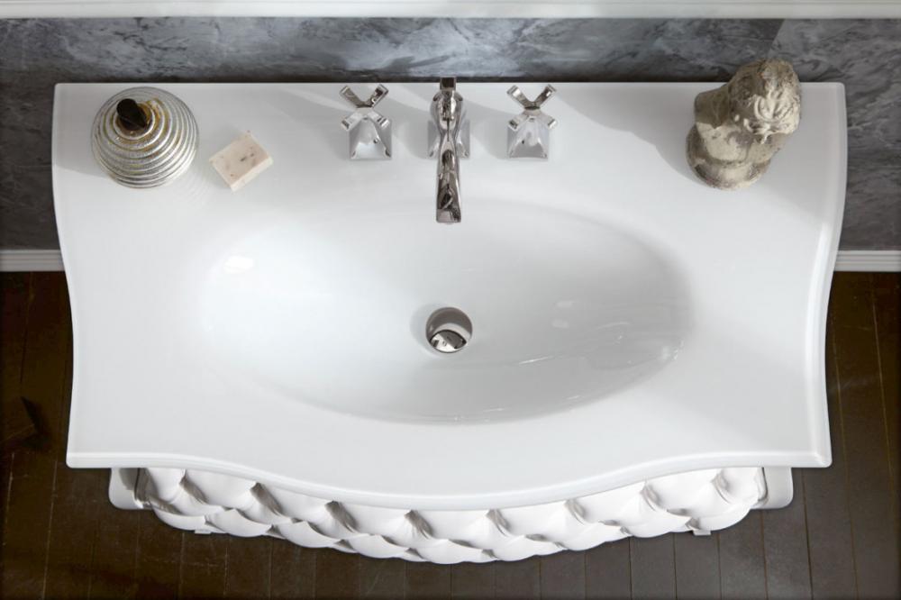 ARREDO BAGNO VANITY CAPITONNE' PELLE cm.109 BIANCO LUCIDO E TOP CRISTALLO