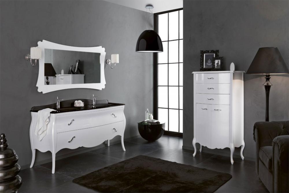 ARREDO BAGNO VANITY DUETTO 03 cm.165 FINITURA BIANCO LUCIDO E CONSOLLE CRISTALLO NERO LAVABI INTEGRATI