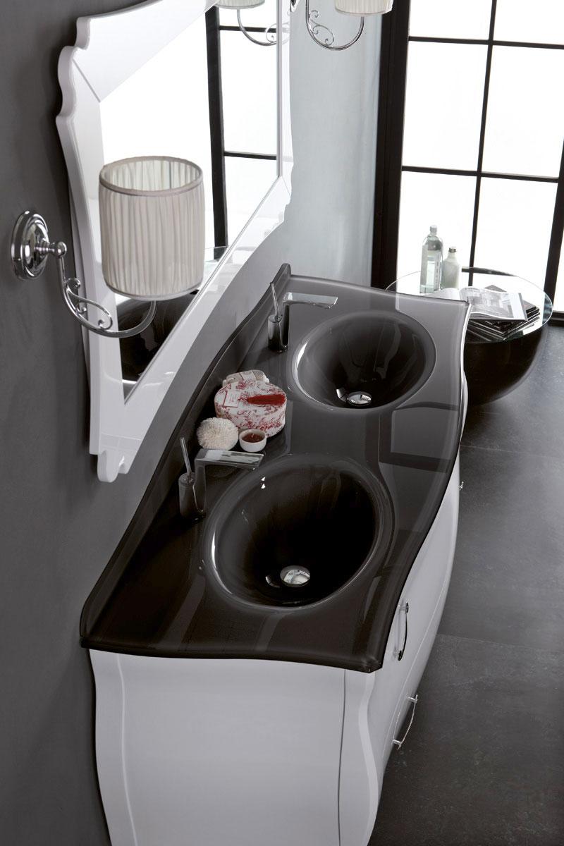 ARREDO BAGNO VANITY DUETTO 03 cm.165 FINITURA BIANCO LUCIDO E CONSOLLE CRISTALLO NERO LAVABI INTEGRATI