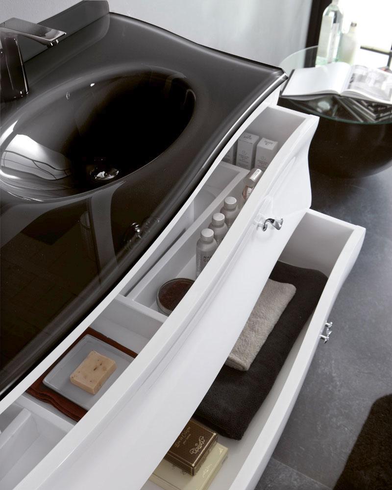 ARREDO BAGNO VANITY DUETTO 03 cm.165 FINITURA BIANCO LUCIDO E CONSOLLE CRISTALLO NERO LAVABI INTEGRATI