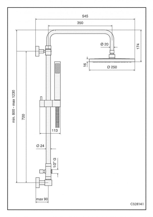 COLONNA DOCCIA REGOLABILE OTTONE CROMATO C02814I EMMEVI CON DEVIATORE E PRESA ACQUA INCASSO