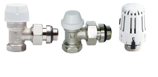 KIT TERMOSTATICO PER RADIATORE TESTA - VALVOLA - DETENTORE SQUADRA 1/2 PER TUBO FERRO