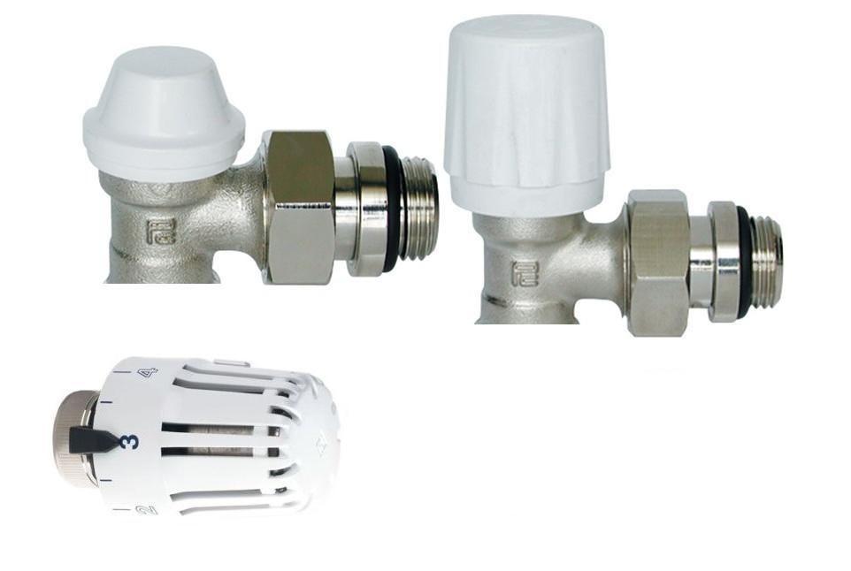 KIT TERMOSTATICO RADIATORE TESTA-VALVOLA-DETENTORE SQUADRA 3/8 PER TUBO FERRO
