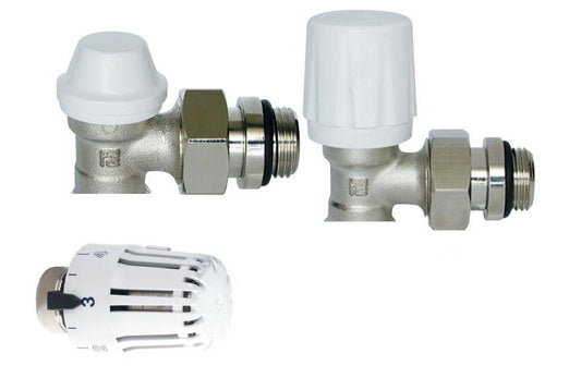 KIT TERMOSTATICO RADIATORE TESTA-VALVOLA-DETENTORE SQUADRA 3/8 PER TUBO FERRO