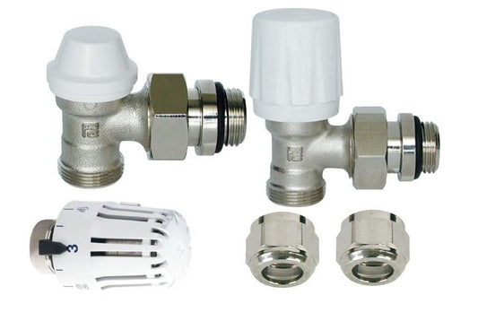 KIT TERMOSTATICO TESTA-VALVOLA-DETENTORE SQUADRA 3/8 - 1/2 TUBO RAME O MULTISTRATO