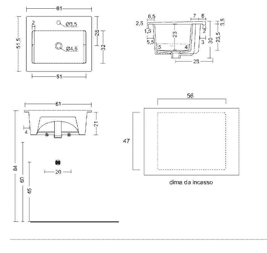 LAVABO IN CERAMICA MULTIUSO JOLLY 60 61X51,5 MONOFORO BIANCO RETTIFICATO