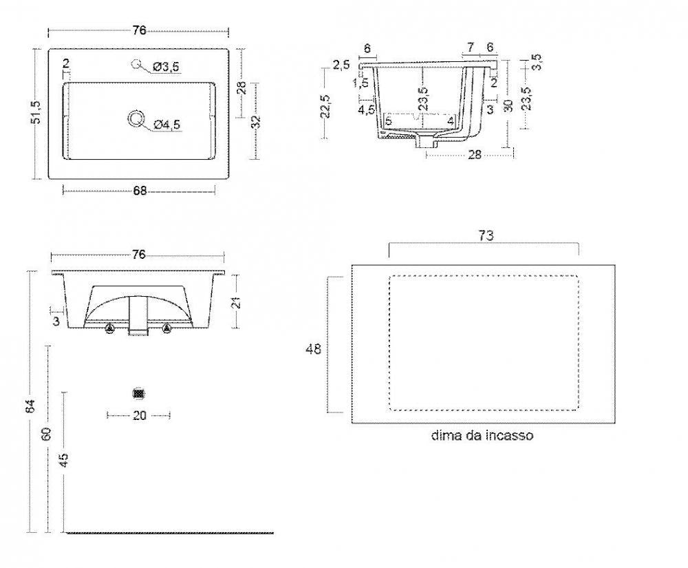 LAVABO IN CERAMICA MULTIUSO JOLLY 75 76X51,5 MONOFORO BIANCO RETTIFICATO