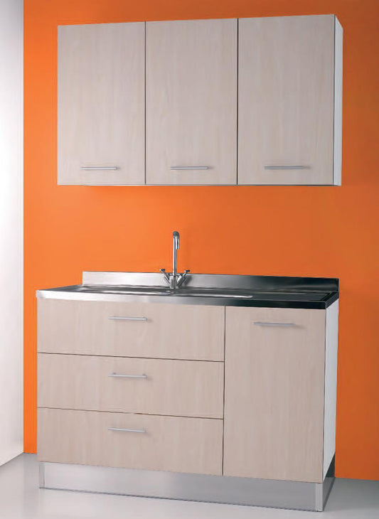 LAVELLO INOX 120X50 MOBILE 1 ANTA 2 CASSETTONI FRASSINO CON PENSILE E SCOLAPIATTI