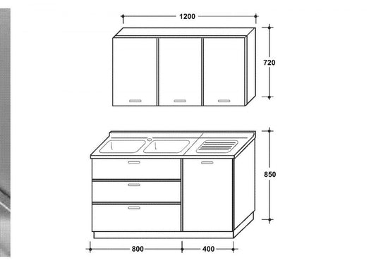LAVELLO INOX 120X50 MOBILE 1 ANTA 2 CASSETTONI FRASSINO CON PENSILE E SCOLAPIATTI