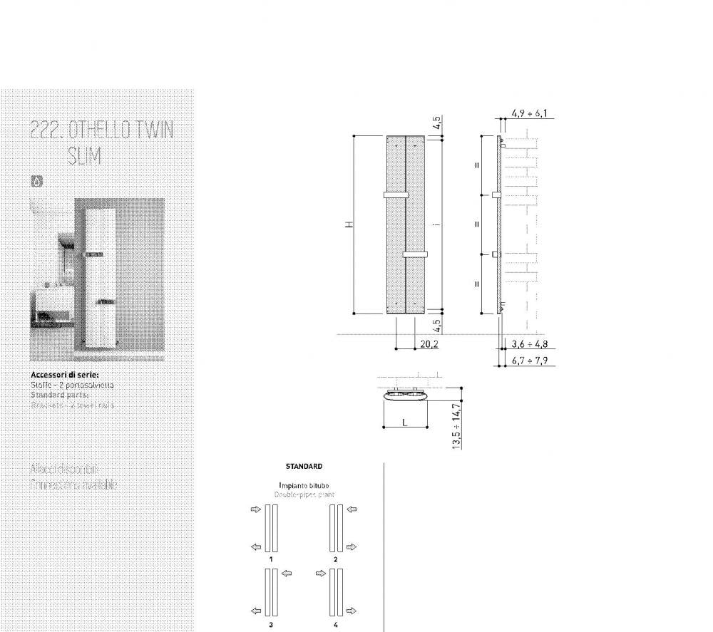 RADIATORE ARREDO OTHELLO TWIN SLIM ALLUMINIO BIANCO SABLE CM 189X46 INT 180