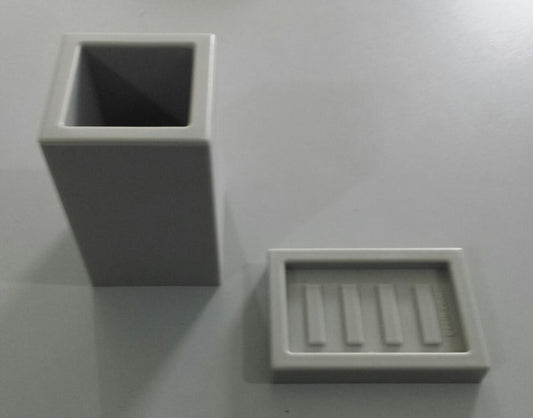 SET DA APPOGGIO PORTA SAPONE + BICCHIERE GRIGIO LUCE GEL POLIURETANICO ITALY