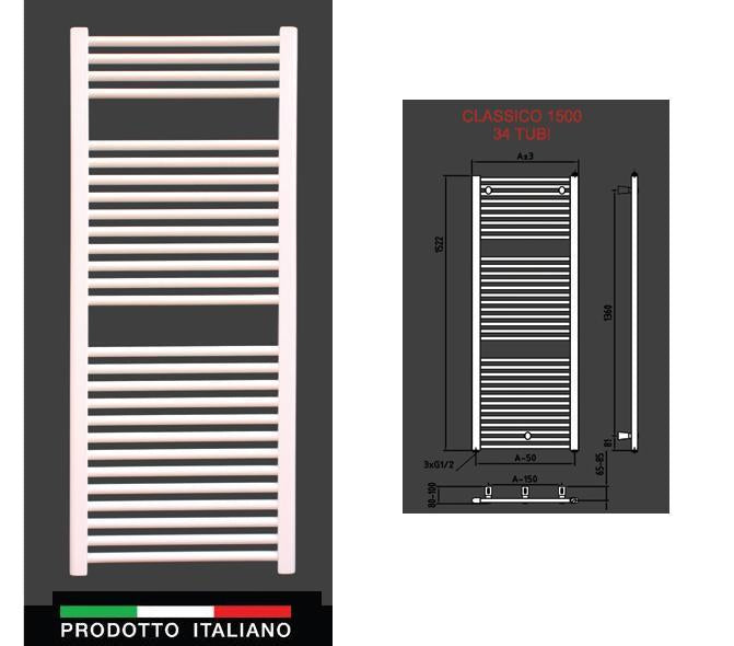 TERMOARREDO ELETTRICO ACCIAIO BIANCO CLASSICO CM. 150X60 700W CON TERMOSTATO